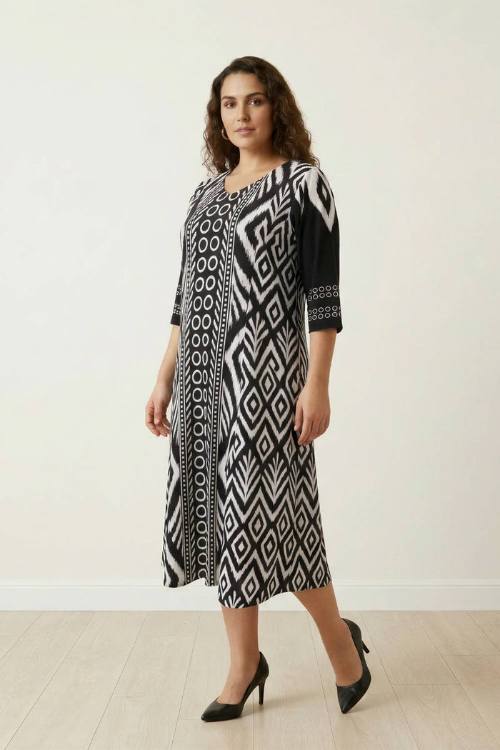 Plus Size Black & White Tribal Print A-Line Dress