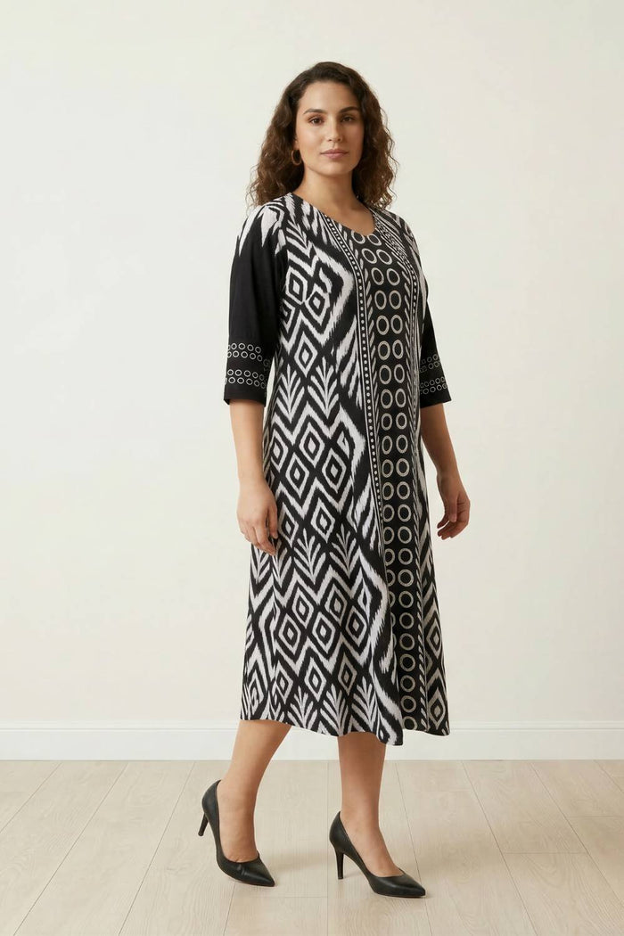 Plus Size Black & White Tribal Print A-Line Dress