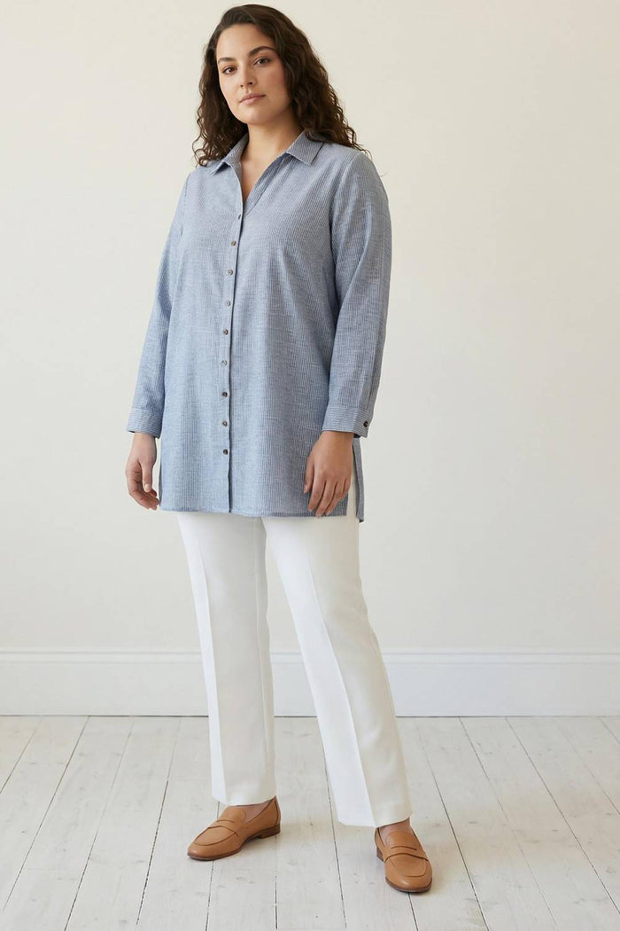 Plus Size Blue Chambray Pinstripe High Slit Longline Shirt