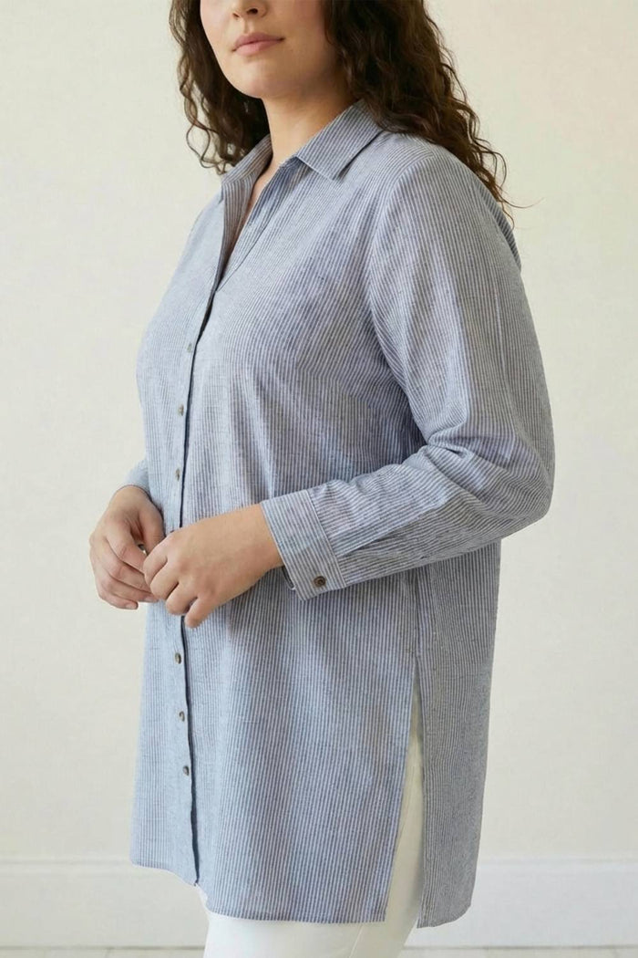 Plus Size Blue Chambray Pinstripe High Slit Longline Shirt