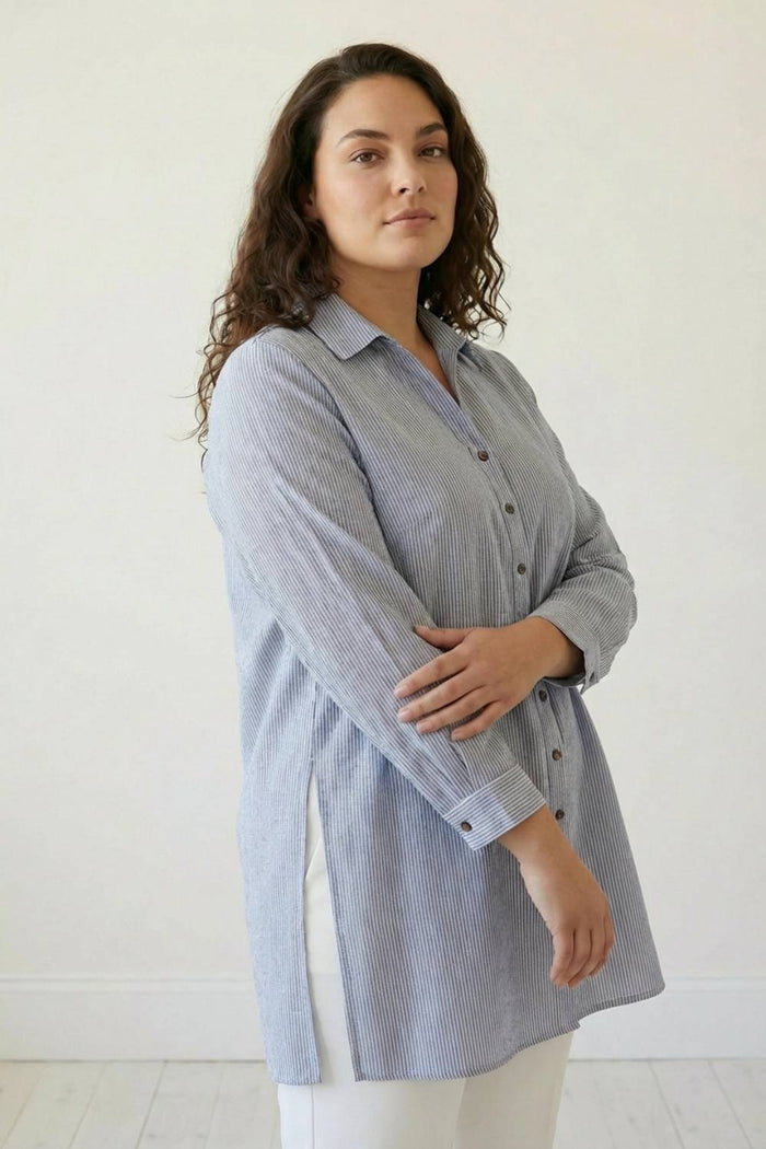 Plus Size Blue Chambray Pinstripe High Slit Longline Shirt