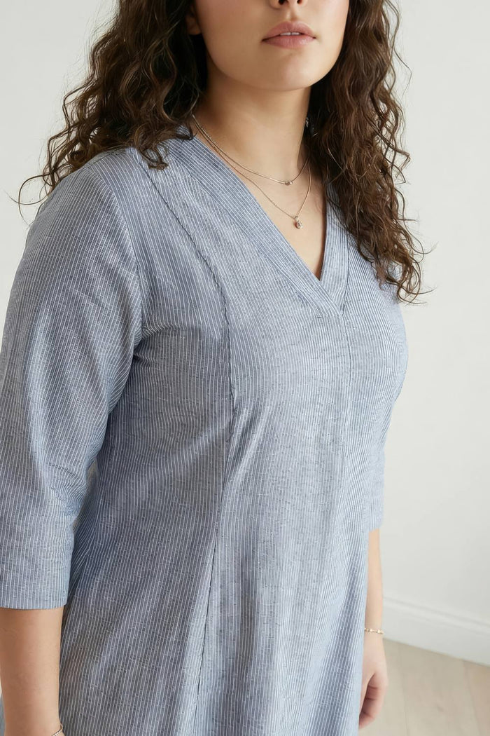Plus Size Blue Chambray Pinstripe Midi Dress