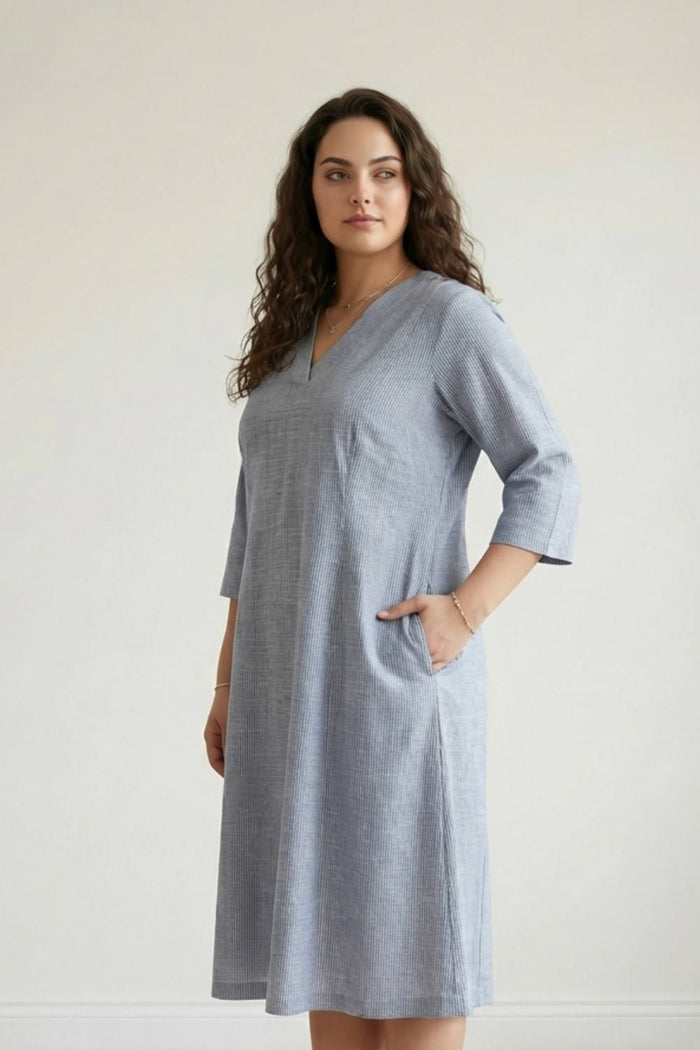 Plus Size Blue Chambray Pinstripe Midi Dress