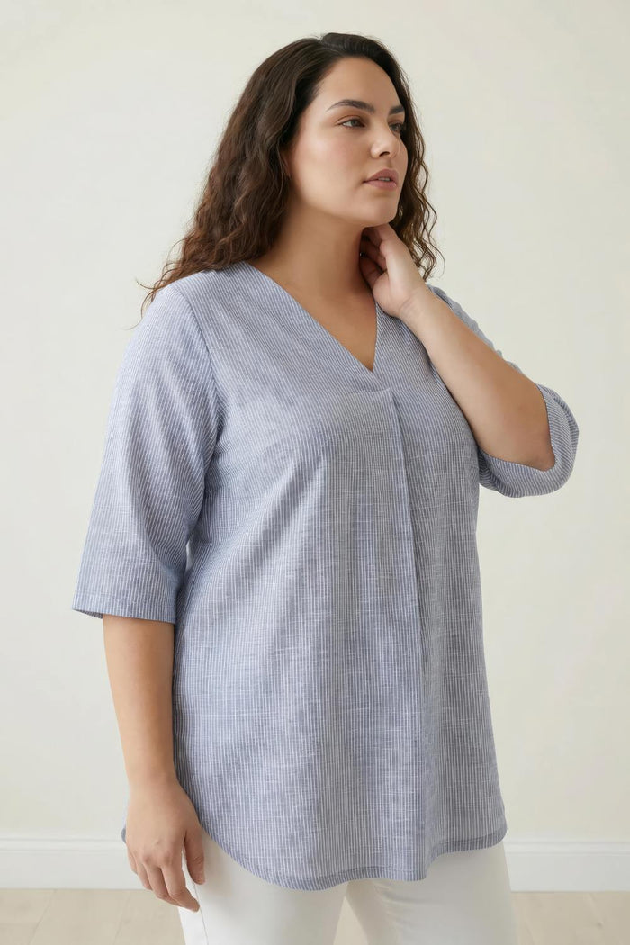 Plus Size Blue Chambray Pinstripe V-Neck Top
