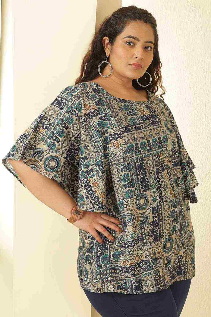 Plus Size Blue Ethnic Print Flared Sleeve Rayon Muslin Top