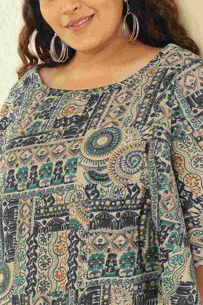 Plus Size Blue Ethnic Print Flared Sleeve Rayon Muslin Top