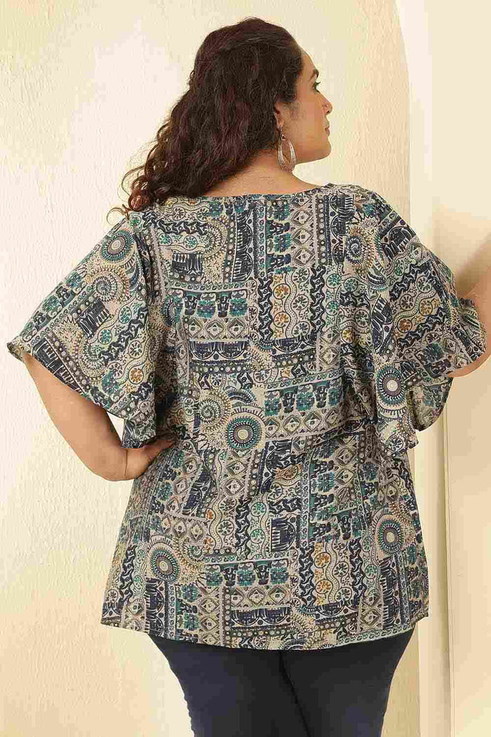 Plus Size Blue Ethnic Print Flared Sleeve Rayon Muslin Top