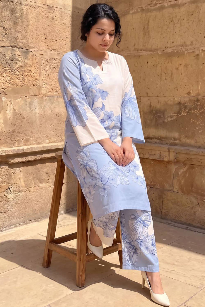 Plus Size Blue Floral Print Cotton Kurta Coord Set