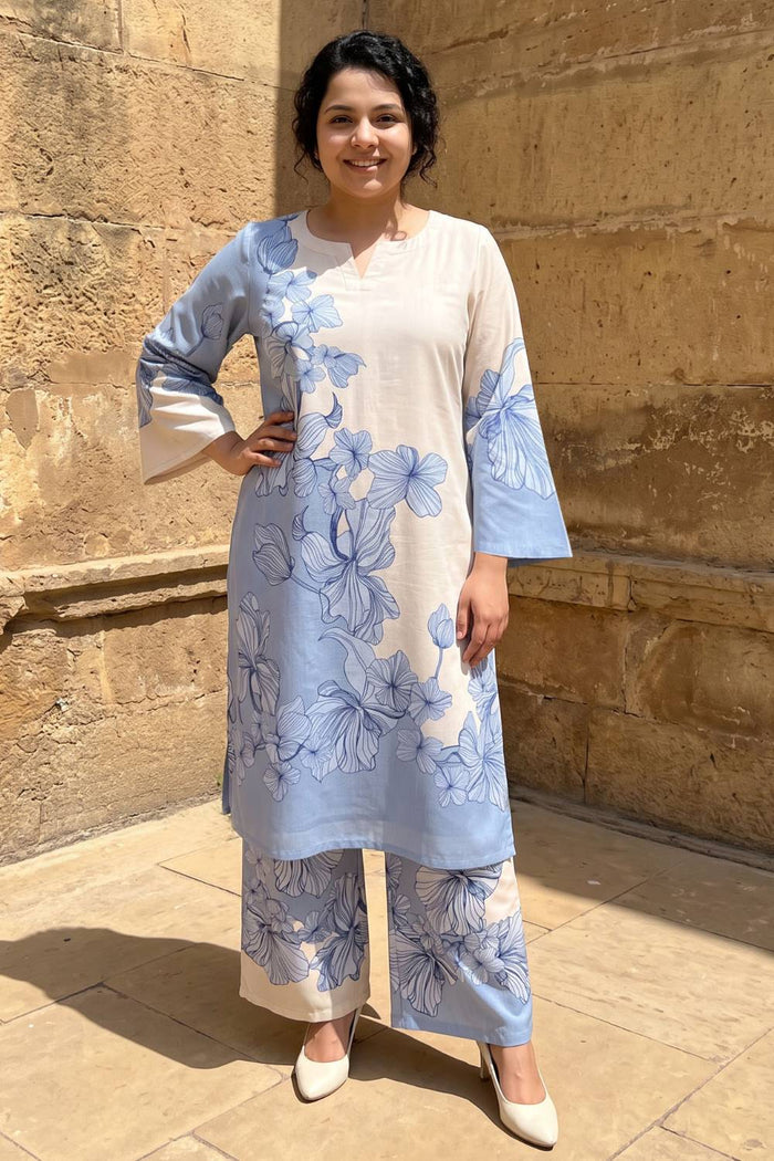 Plus Size Blue Floral Print Cotton Kurta Coord Set