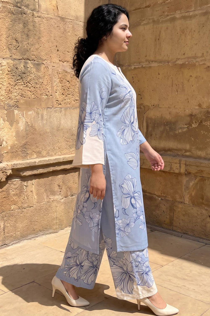 Plus Size Blue Floral Print Cotton Kurta Coord Set