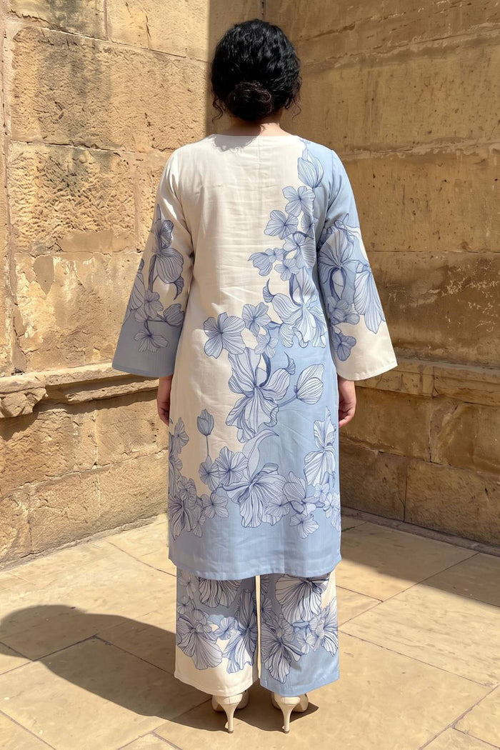 Plus Size Blue Floral Print Cotton Kurta Coord Set