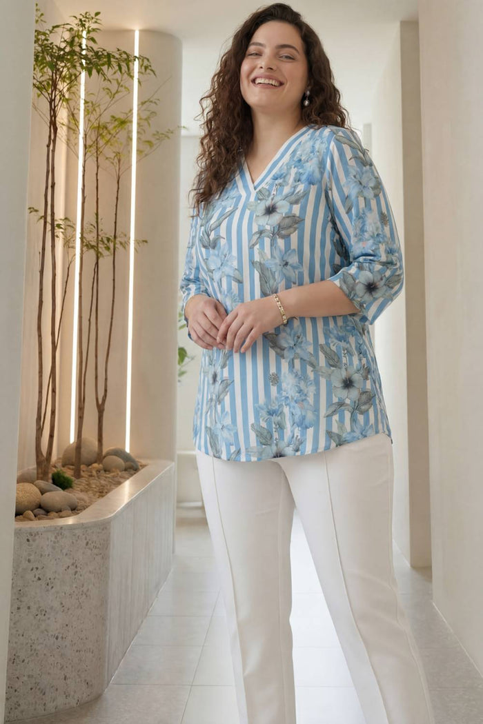 Plus Size Blue Floral Stripes Top