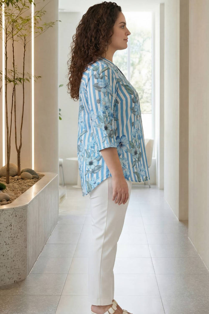 Plus Size Blue Floral Stripes Top