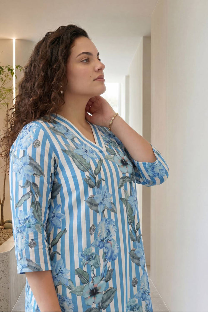 Plus Size Blue Floral Stripes Top