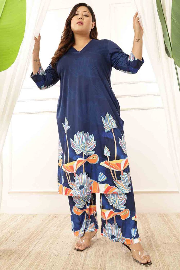 Plus Size Blue Floral V Neck Kurta Coord Set