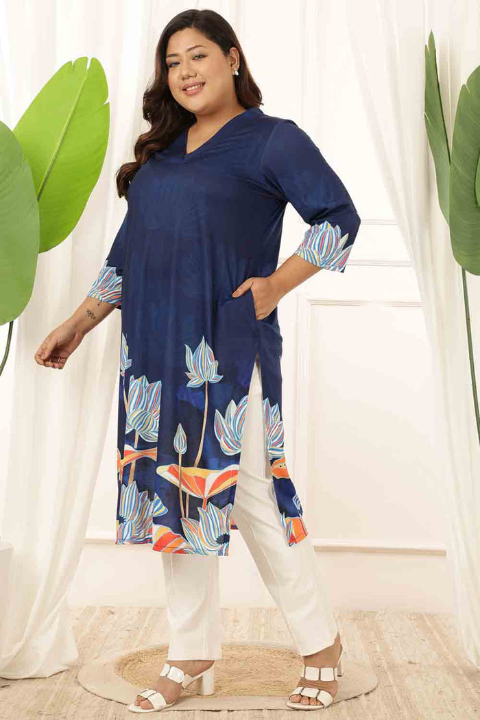 Plus Size Blue Floral V Neck Kurta