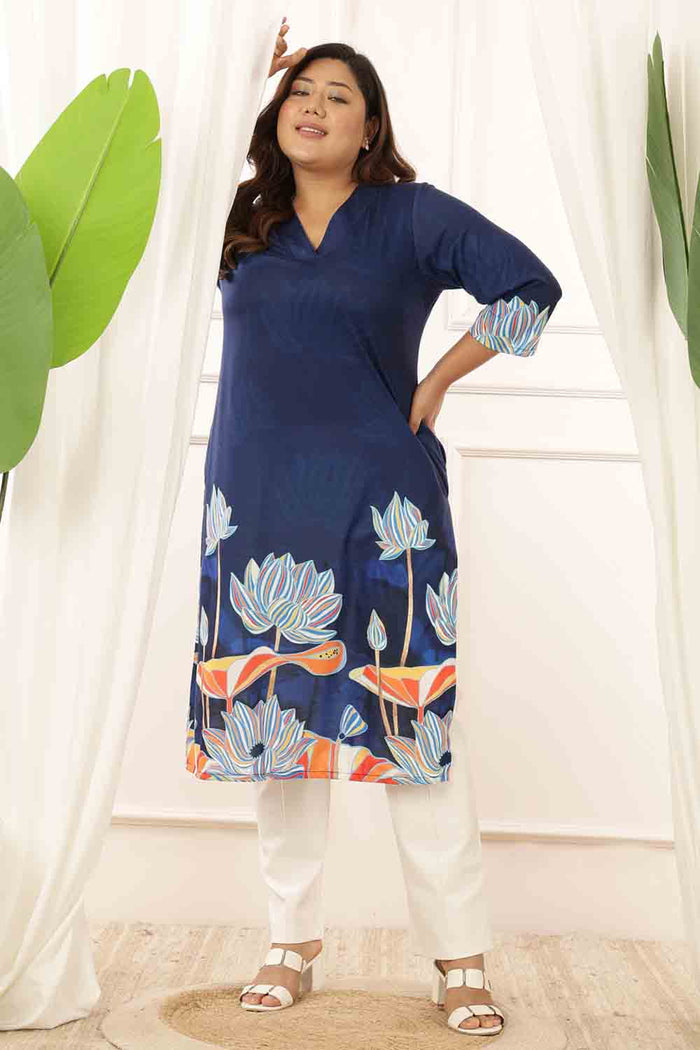 Plus Size Blue Floral V Neck Kurta