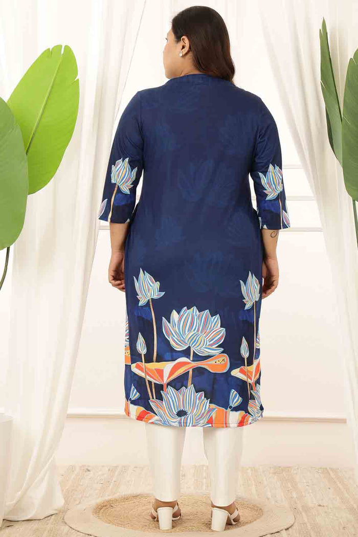 Plus Size Blue Floral V Neck Kurta
