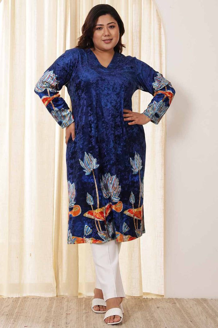 Plus Size Blue Floral Velvet Kurta