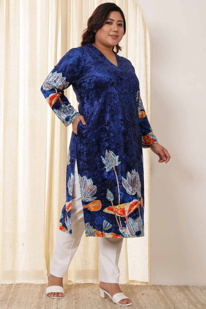Plus Size Blue Floral Velvet Kurta