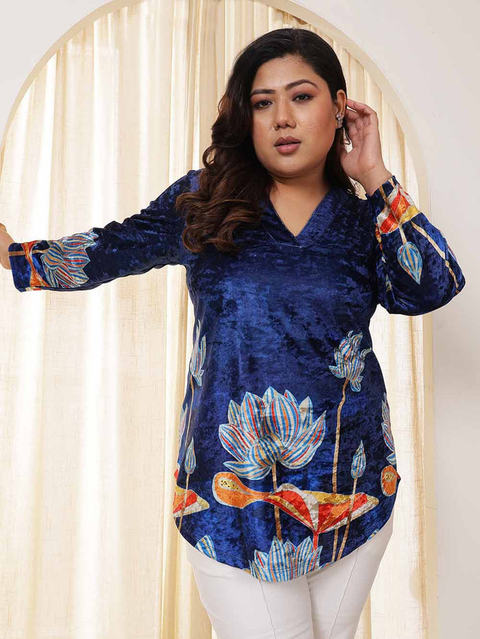 Plus Size Blue Floral Velvet Top