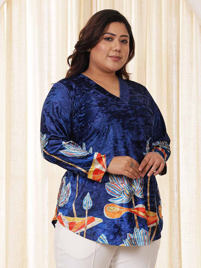 Plus Size Blue Floral Velvet Top
