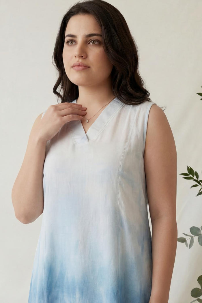 Plus Size Blue Ombre Sleeveless Cotton Midi Dress