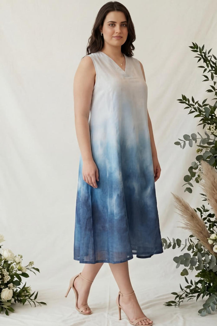 Plus Size Blue Ombre Sleeveless Cotton Midi Dress