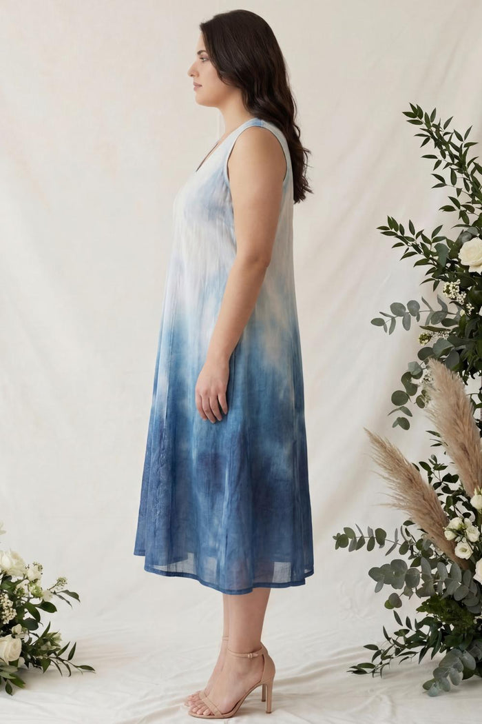Plus Size Blue Ombre Sleeveless Cotton Midi Dress