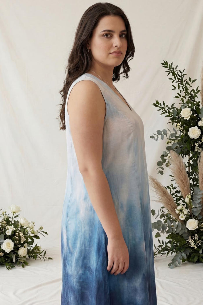Plus Size Blue Ombre Sleeveless Cotton Midi Dress