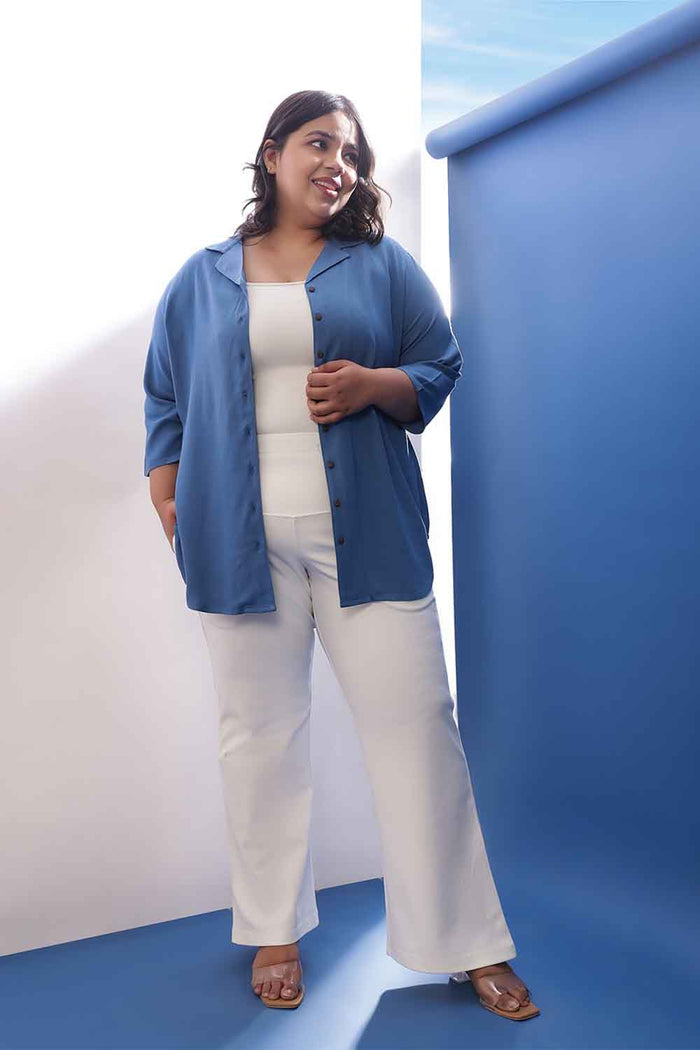 Plus Size Blue Rayon Twill Cuban Collar Shirt