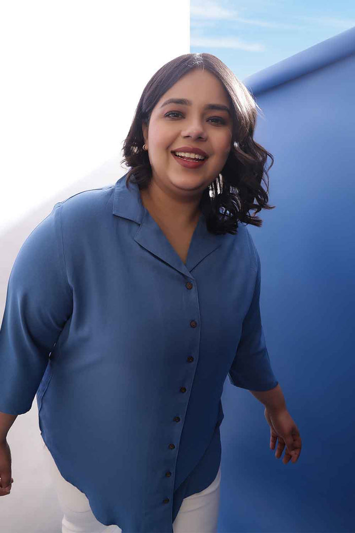 Plus Size Blue Rayon Twill Cuban Collar Shirt