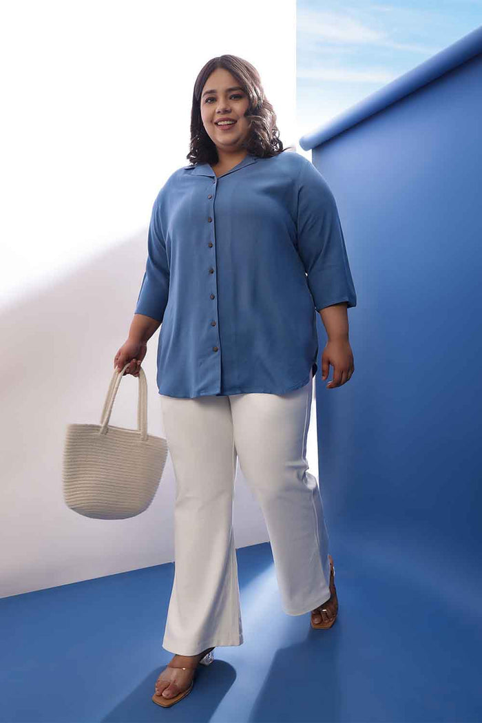 Plus Size Blue Rayon Twill Cuban Collar Shirt
