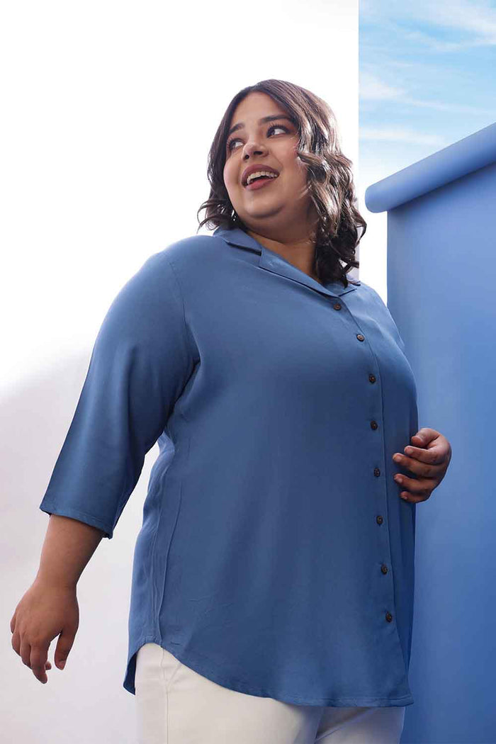 Plus Size Blue Rayon Twill Cuban Collar Shirt