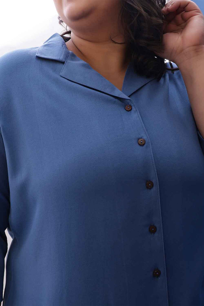 Plus Size Blue Rayon Twill Cuban Collar Shirt