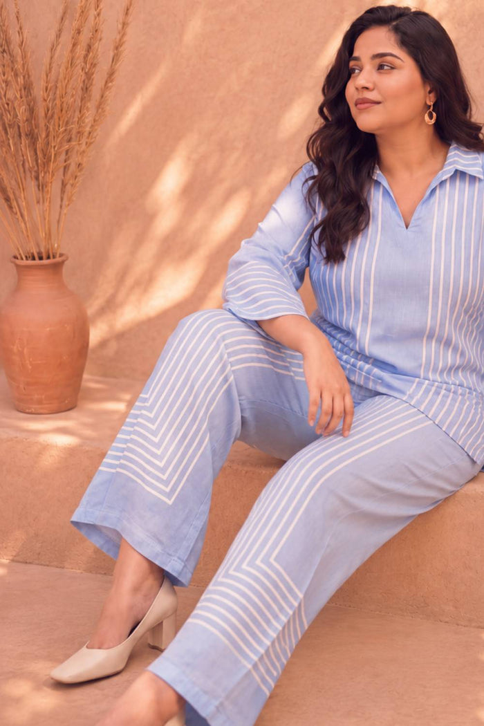 Plus Size Blue Stripe Printed Coord Set