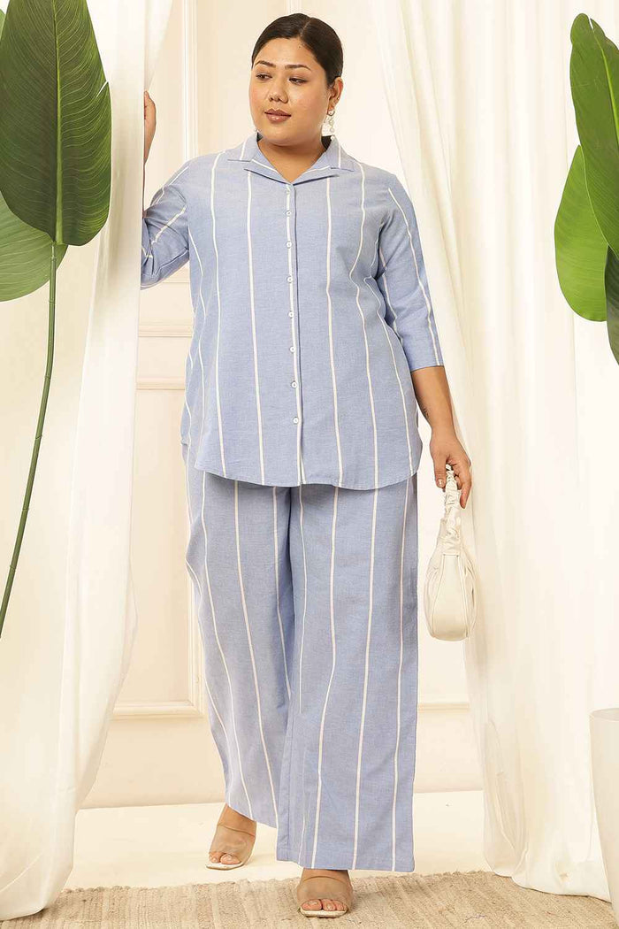 Plus Size Blue Striped Chambray Shirt Coord Set