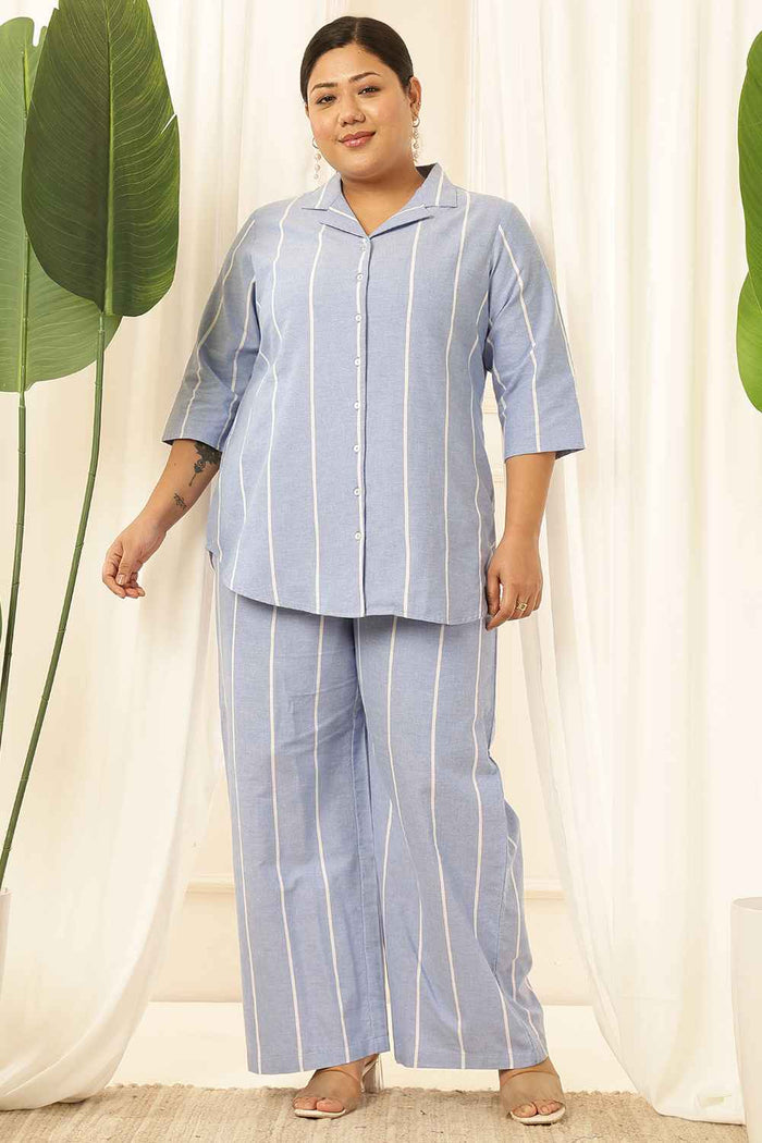 Plus Size Blue Striped Chambray Shirt Coord Set