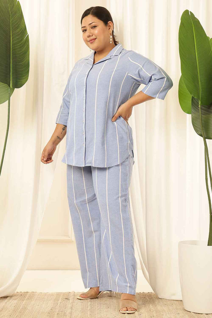 Plus Size Blue Striped Chambray Shirt Coord Set