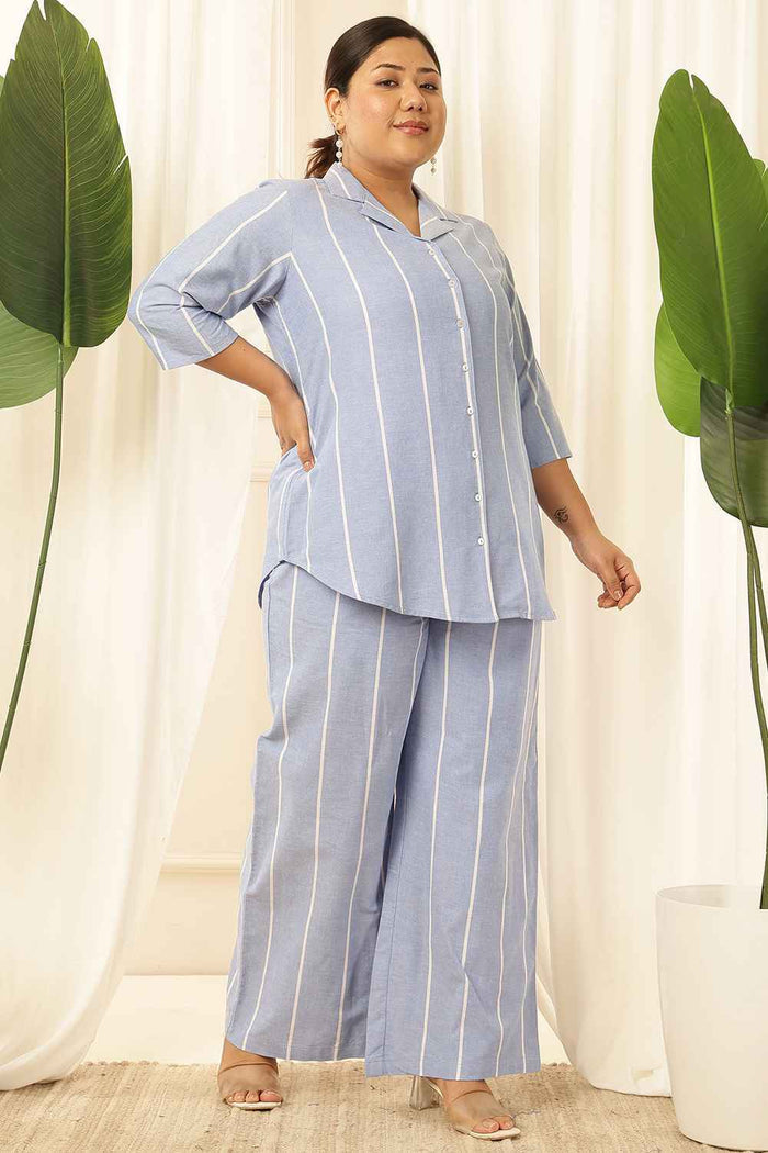 Plus Size Blue Striped Chambray Shirt Coord Set