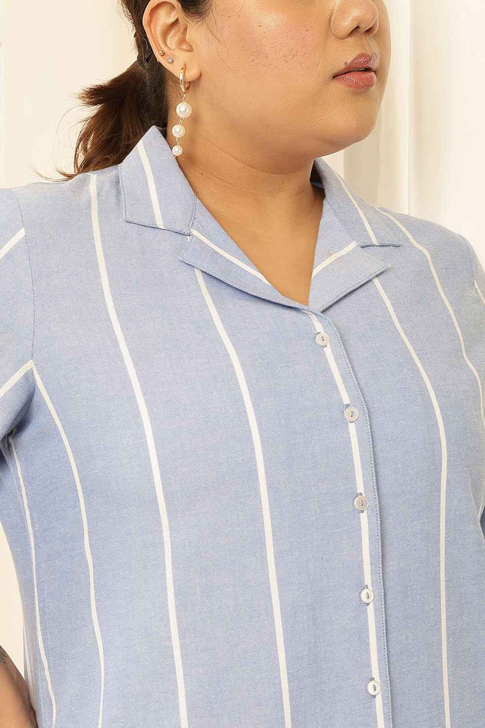 Plus Size Blue Striped Chambray Shirt Coord Set