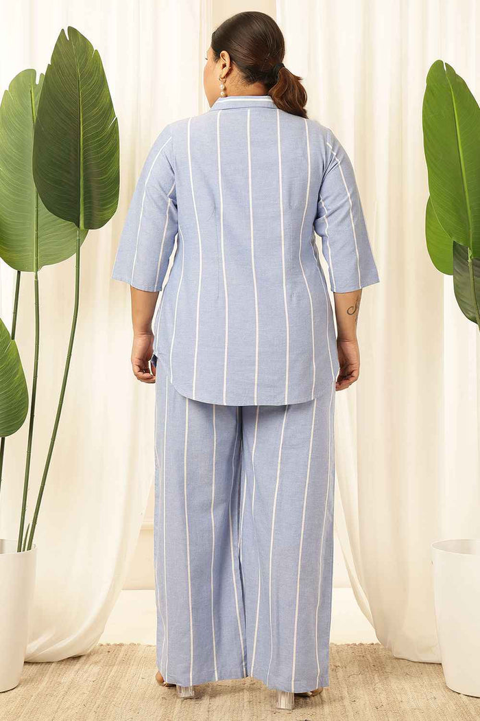 Plus Size Blue Striped Chambray Shirt Coord Set