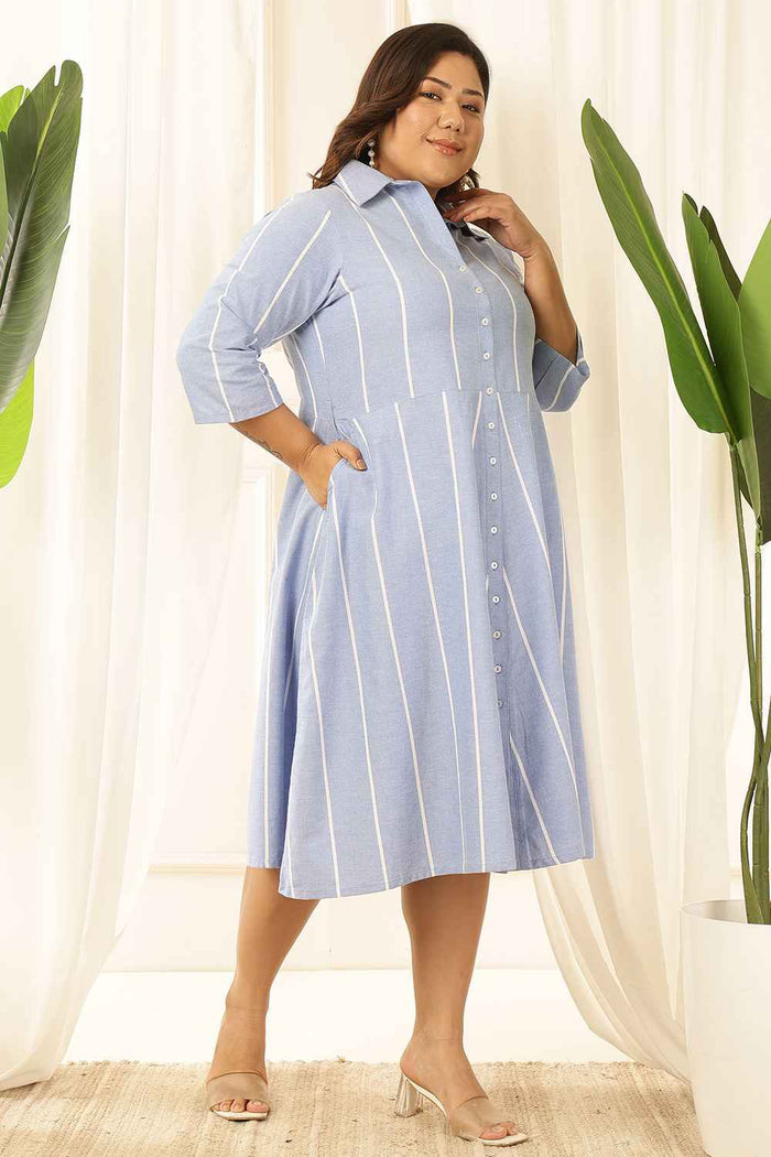 Plus Size Blue Striped Chambray Shirt Dress