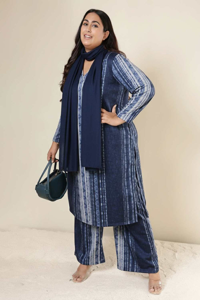 Plus Size Blue Vertical Stripe Kurta SnugWeave™ Winter Coord Set