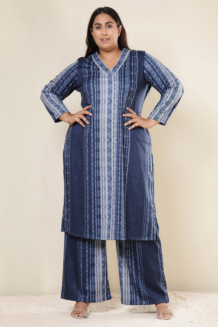 Plus Size Blue Vertical Stripe Kurta SnugWeave™ Winter Coord Set