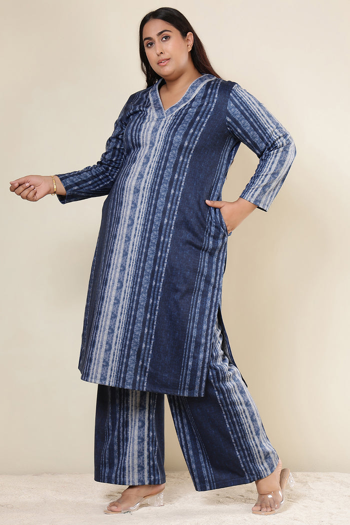 Plus Size Blue Vertical Stripe Kurta SnugWeave™ Winter Coord Set