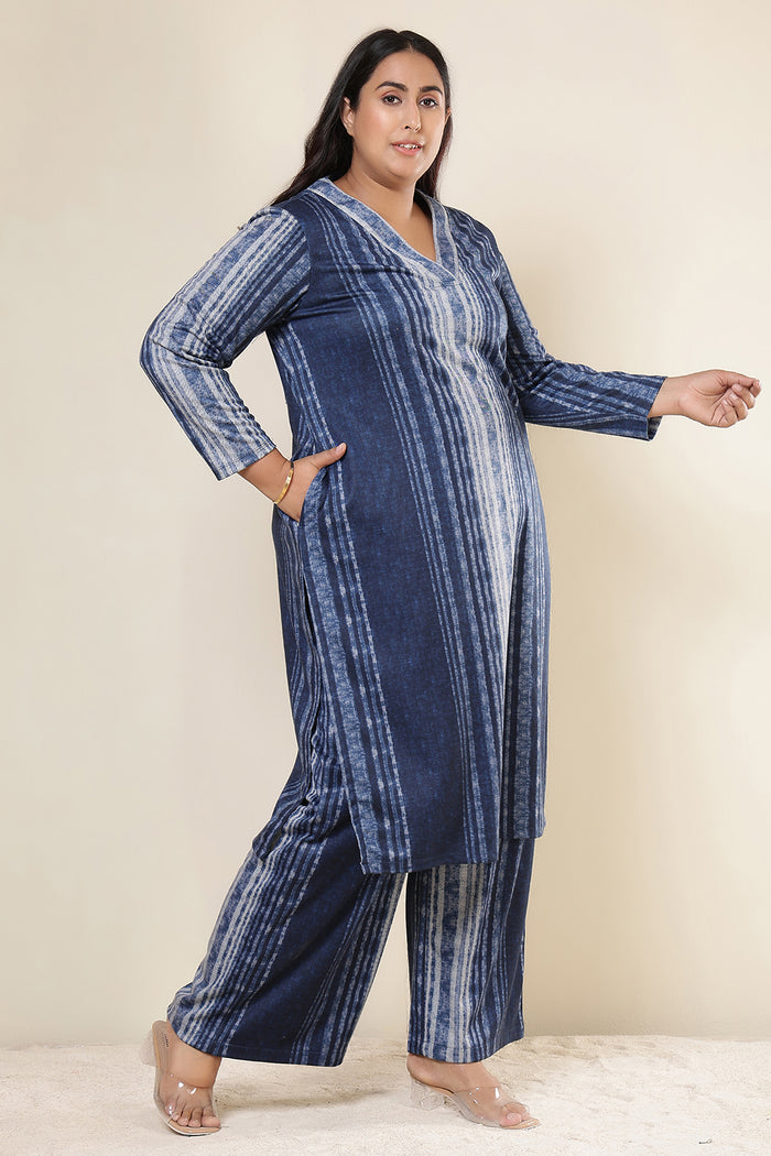 Plus Size Blue Vertical Stripe Kurta SnugWeave™ Winter Coord Set