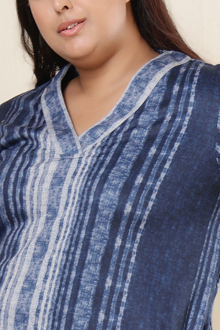 Plus Size Blue Vertical Stripe Kurta SnugWeave™ Winter Coord Set