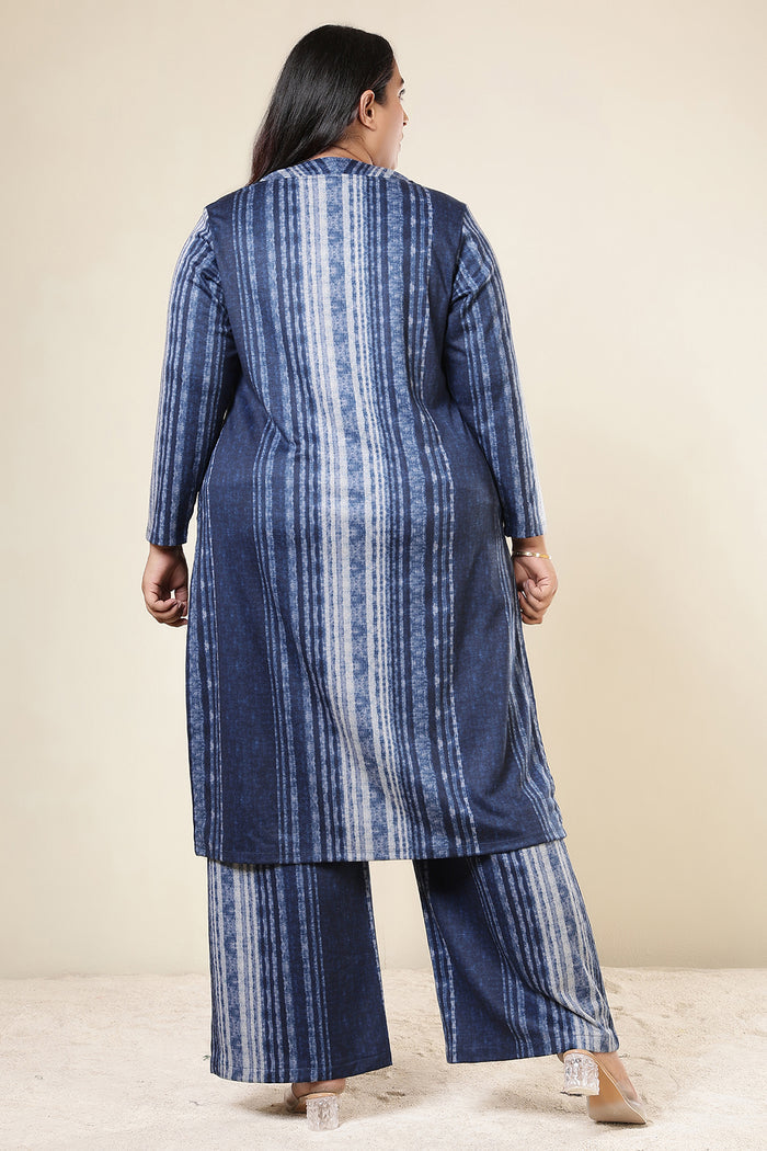 Plus Size Blue Vertical Stripe Kurta SnugWeave™ Winter Coord Set