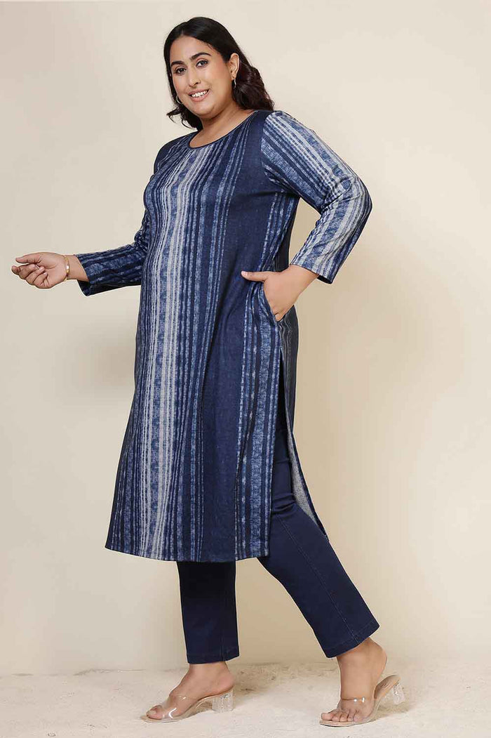 Plus Size Blue Vertical Stripe Round Neck SnugWeave™ Winter Kurta